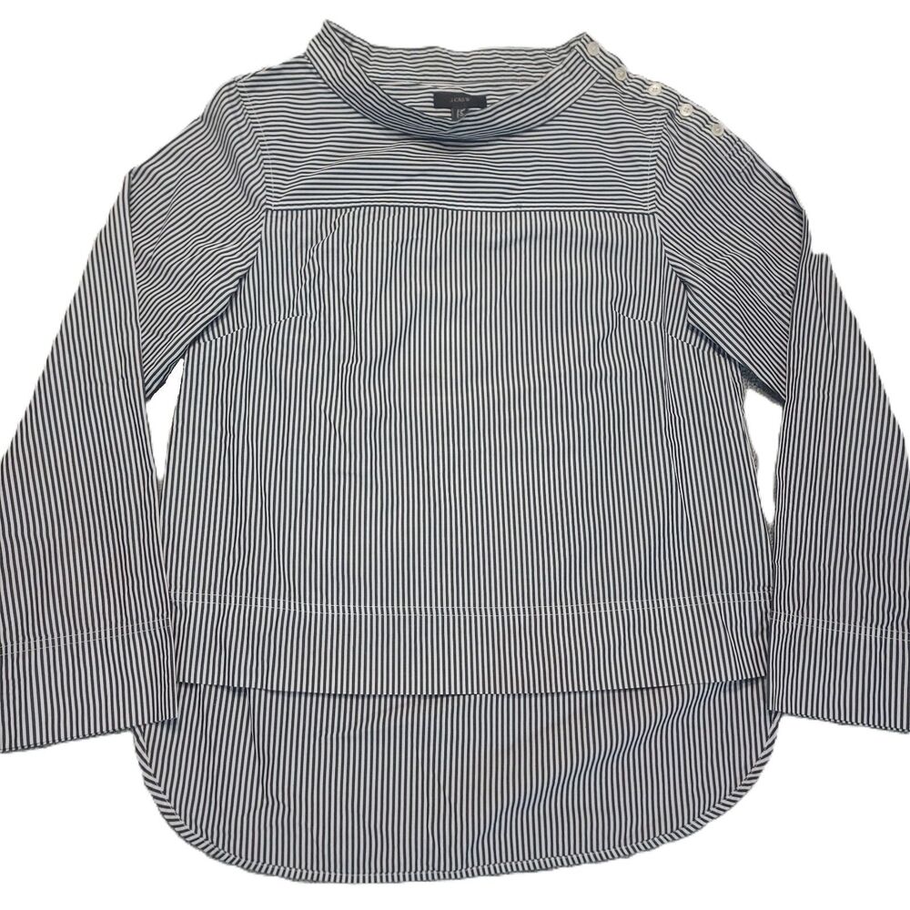 J.Crew Womens Size 4 (S)  Blouse Funnelneck Top Black White Striped Cotton Shirt